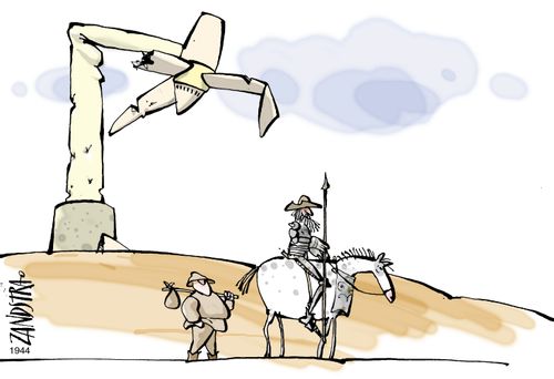 Don Quixote knocking over a propeller.
