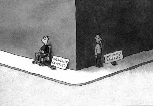 Two beggars with signs: 'Physically Crippled' & 'Emotionally Crippled'