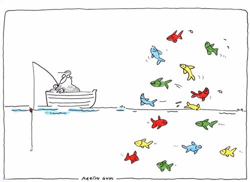 Man fishing from his boat on one side while all the fish dance on the other side