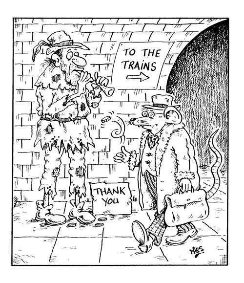 Poor beggar being given change by a wealthy rat on the underground/subway