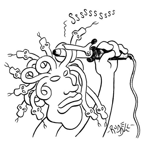 Medusa curling her snake hair with curling tongs