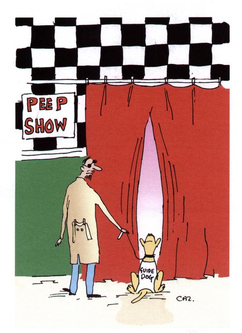 Blind man visits a 'Peep Show' with his Guide Dog.