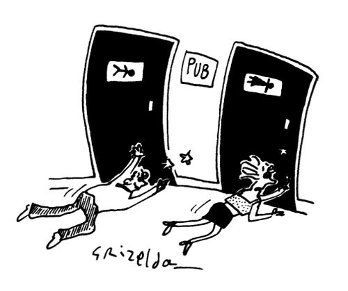 People crawling towards pub toilets.