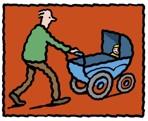 'Man pushing pram with baby.'