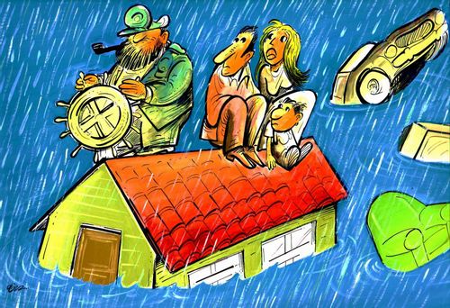 Captain steering house through flood.