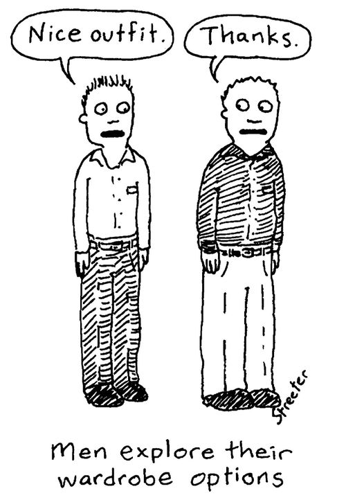 Men explore their wardrobe options.