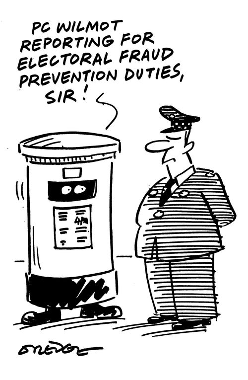'PC Wilmot reporting for electoral fraud prevention duties, sir!'