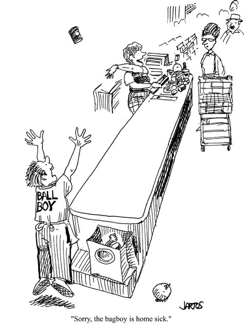 'Sorry, the bagboy is home sick.'