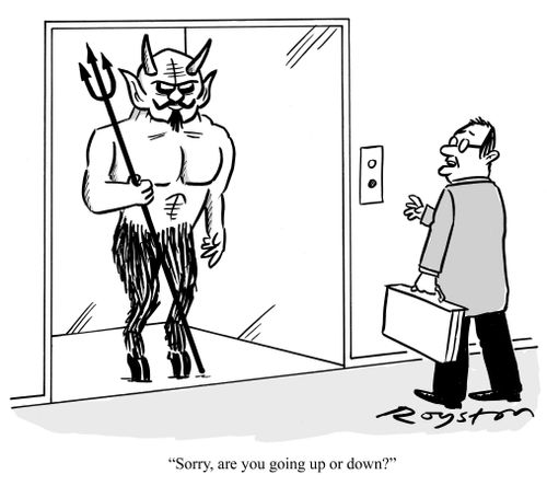 Demon in the elevator. Man says: 'Sorry, are you going up or down?'