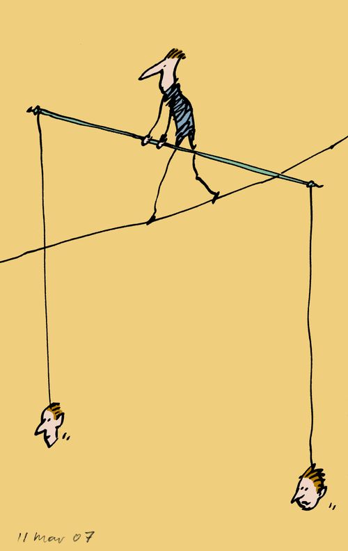 High wire acrobat balancing with two heads.