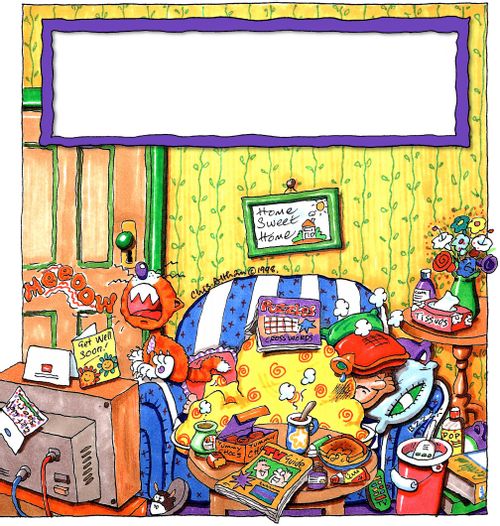 Sick person curled up at home (with panel)