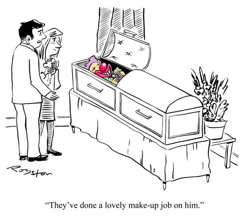 Clown in coffin. Mourner says: 'They've done a lovely make-up job on him.'