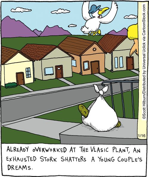 Already overworked at the Vlasic Plant, an exhausted stork shatters a young couple's dreams,