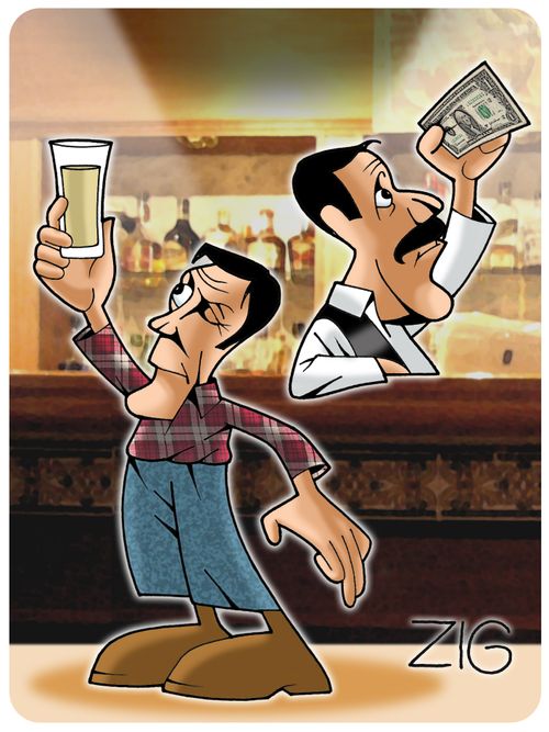 In a bar; guest is checking the wine and the bartender is checking the money...