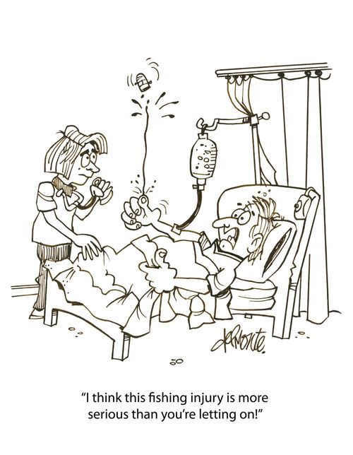 'I think this fishing injury is more serious than you're letting on!'