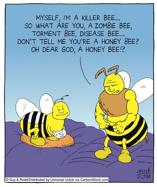 'Myself, I'm a killer bee. So what are you, a zombie bee, torment bee, disease bee... don't tell me you're a honey bee? Oh dear god, a honey bee?'