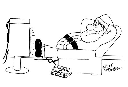 Santa Claus relaxing in a recliner chair watching ‘SLEETLESS IN SEATLE' DVD.