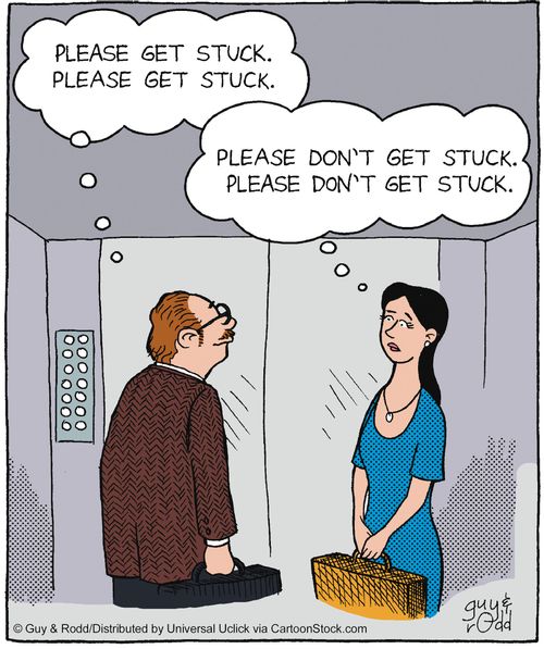 Man in lift thinking 'Please get stuck' as woman thinks 'Please don't get stuck.'