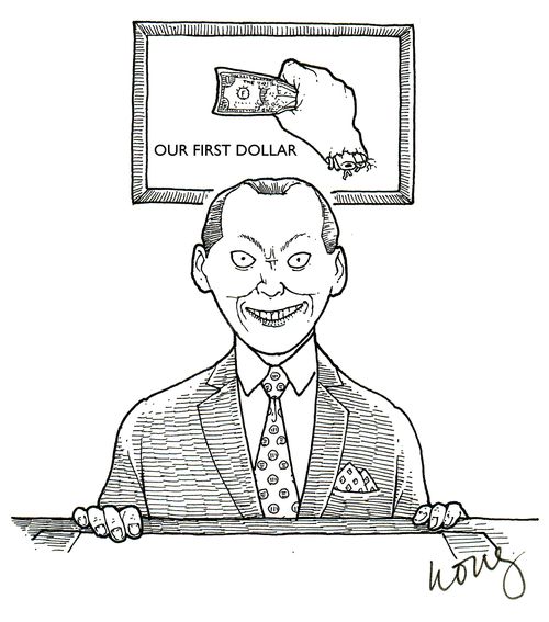 Man has the first dollar on display along with the severed hand that clasped it.