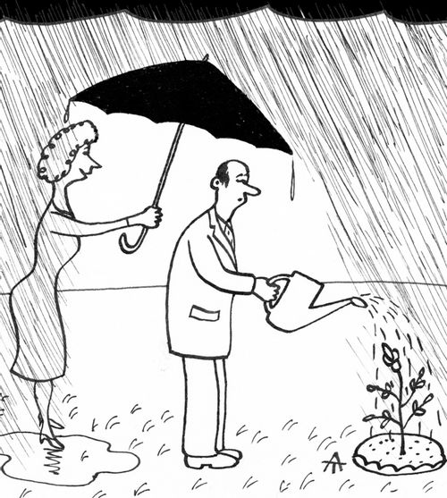 Man watering his plants in the rain.