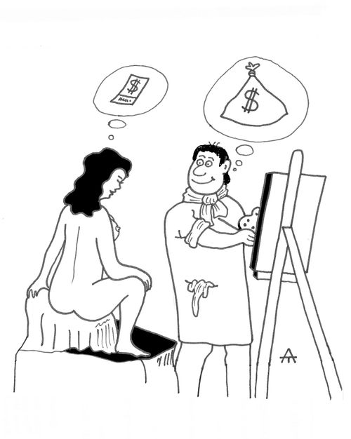 Artist and the artist's model both thinking of the money.