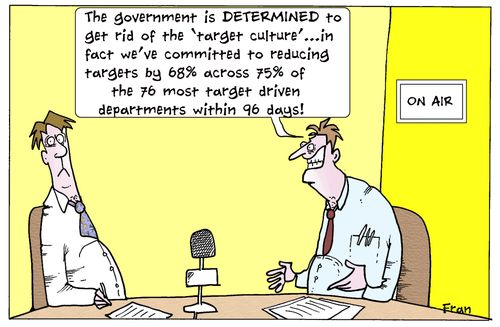 'The government is DETERMINED to get rid of the 'target culture'...in fact we've committed to reducing targets by 68^ across 75% of the 76 most target driven departments within 96 days!'