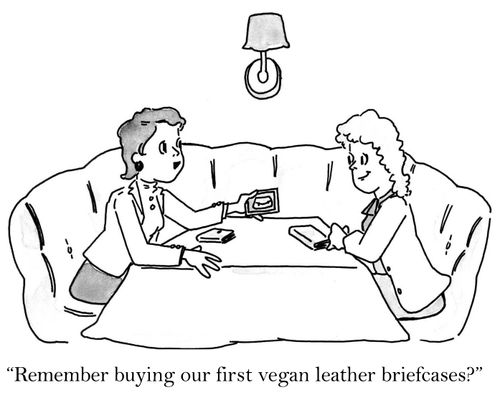 'Remember buying our first vegan leather briefcases?'