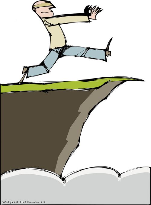 Blindfolded man heads towards a cliff edge.