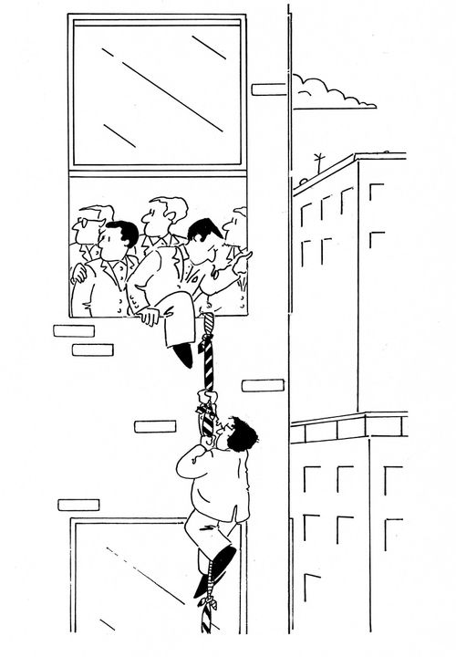 Men escaping an office with a rope of ties.