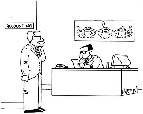 Accountant beneath picture of three wise monkeys.