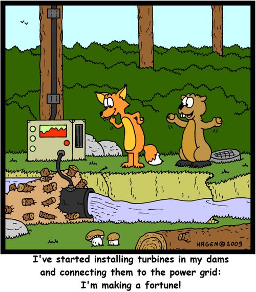'I've started installing turbines in my dams and connecting them to the power grid: I'm making a fortune!'