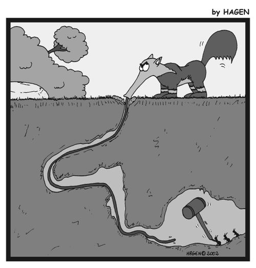 Ants attacking an aardvark's tongue with a hammer.