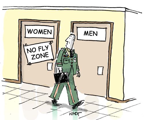 NO FLY ZONE sign on ladies lounge