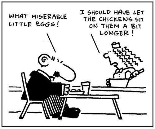 'What miserable little eggs.' - 'I should have let the chickens sit on them a bit longer.'