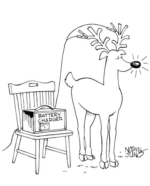Rudolf, the red nose reindeer uses battery charger to charge up his shiny nose.