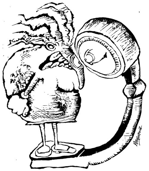 Show down between woman and weighing machine.