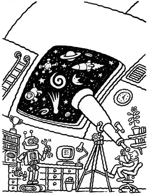 A man looking through a telescope at a dog in space.
