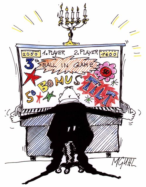 Traditional piano player is infact playing a fruit machine