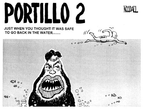 Portillo as the film Jaws poster