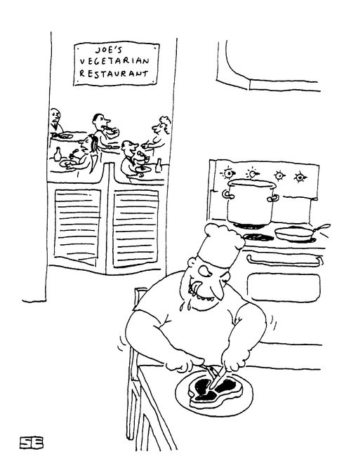 Joes Vegetarian Restaurant, where the chef tucks into a steak