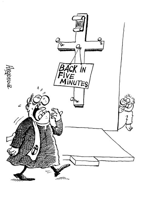 Small boy teasing a priest by removing jesus from the cross and leaving a 'Back in five minutes' sign