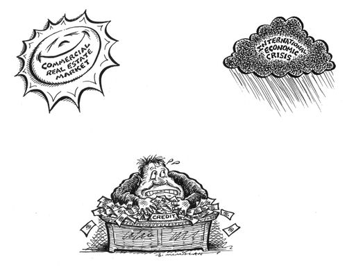 Commercial real estate market threatened by the dark cloud of international economic crisis.