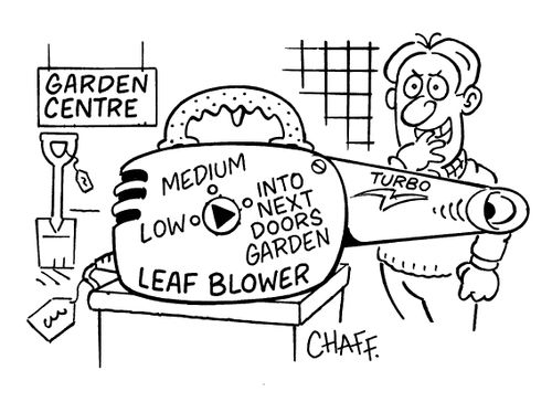Leaf blower with 3 notches - Low, medium, and into next doors garden.