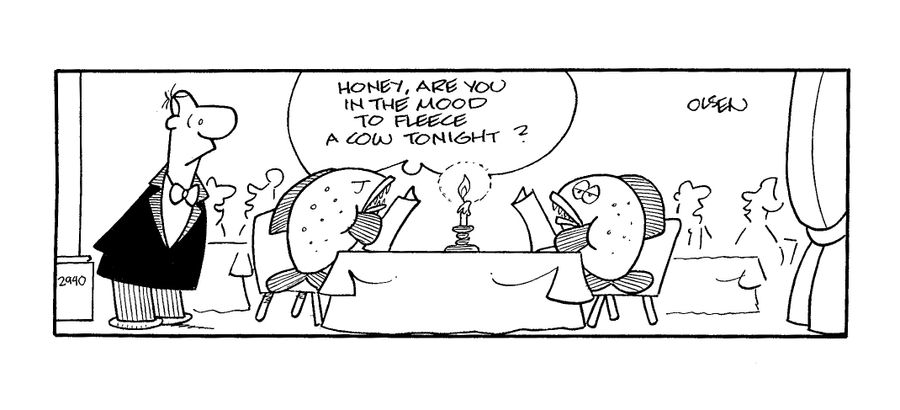 Piranha fish in a restaurant: 'Honey, are you in the mood to fleece a cow tonight?'