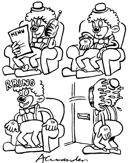 Clown answers the door to a custard pie in the face.