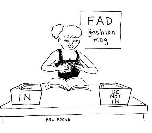 FAD fashion mag: Trays on desk read: In/So Not In.