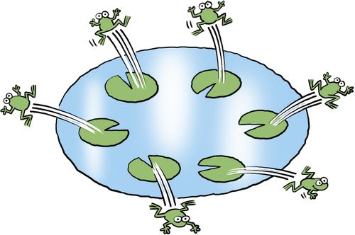 Six frogs leap off their lily pads.