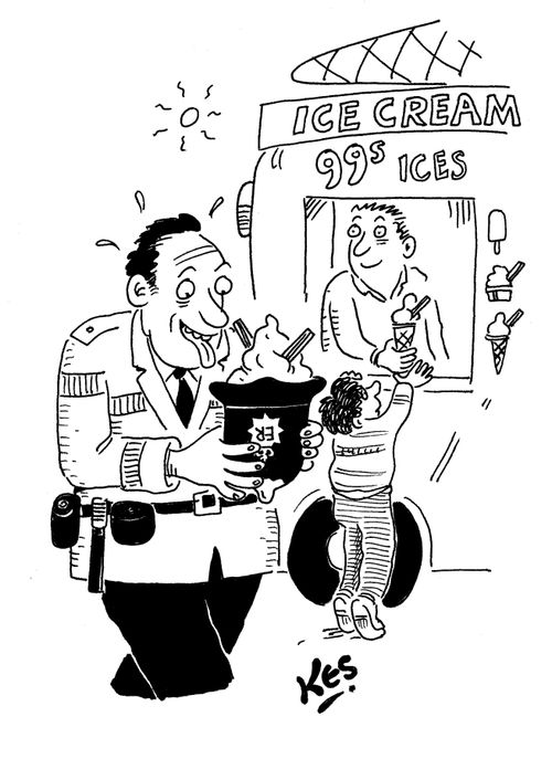 Policeman eats ice cream from his helmet.