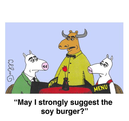 'May I strongly suggest the soy burger?'