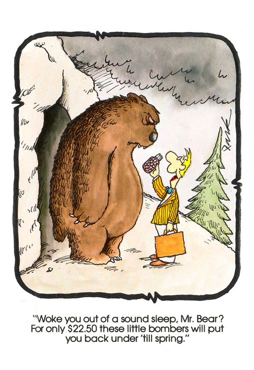 'Woke you out of a sound sleep, Mr Bear? for only $22.50 these little bombers will put you back under till spring.'